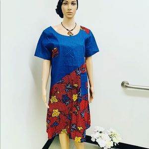 African print with denim ladies knee length dress